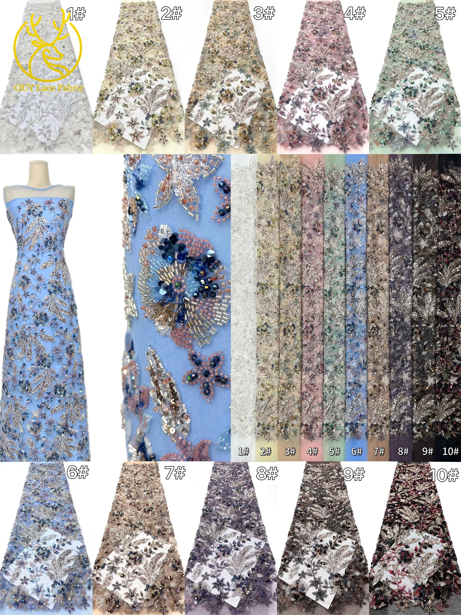 Modischer nigerianischer bestickter Perlen-Spitzenstoff, eleganter afrikanischer Pailletten-Netzstoff für Brautkleider und Partykleider zum Nähen – Detail 3