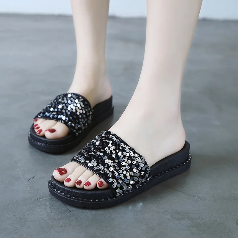 Fashion Slippers Women\'s Summer Platform Shoes New Flat Bottom Slip on Student Shoes Bling Mute Non-slip Slides Chaussons Plats