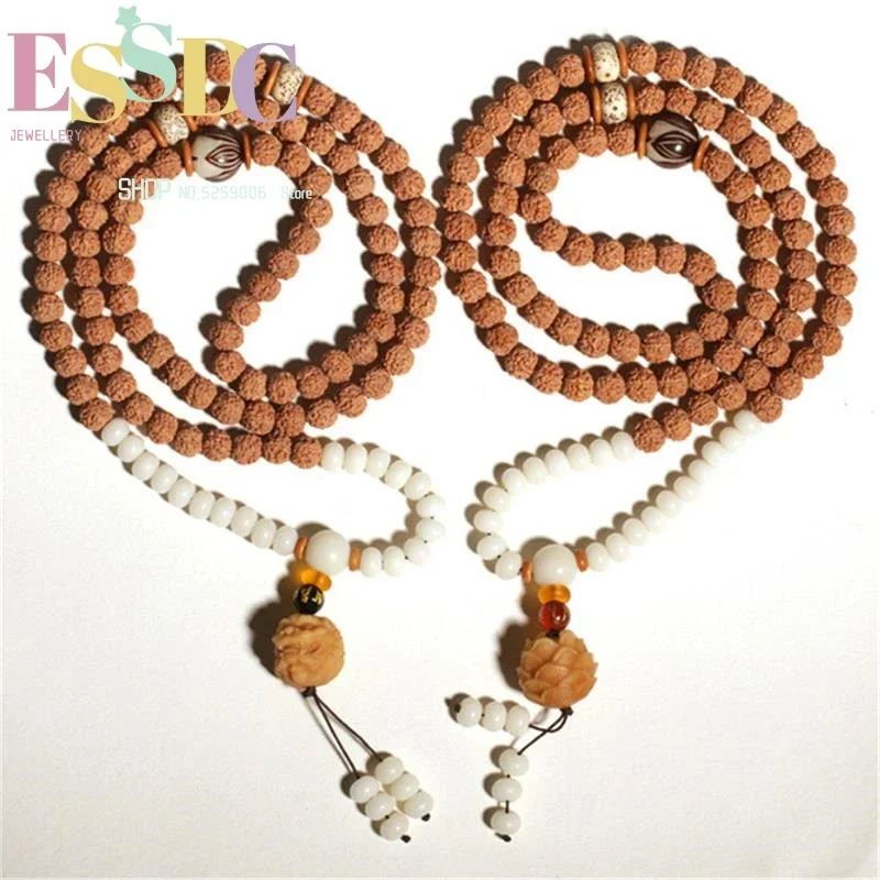 

Nepalese Natural Rudraksha Beads 108 Mala Sweater Chain Men and Women Necklace or Bracelets with Pixiu or Lotus Pendant