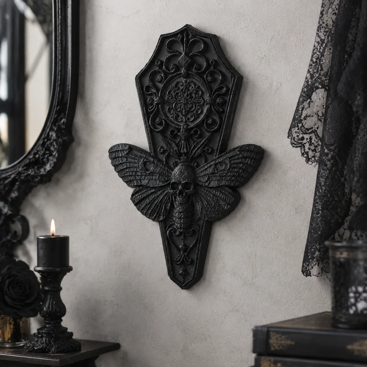 Cross-border Dark Gothic Coffin Shaped Death's Head Hawkmoth Wall Decor, Vintage Scroll Carved Distressed Wall Hanging For Entry