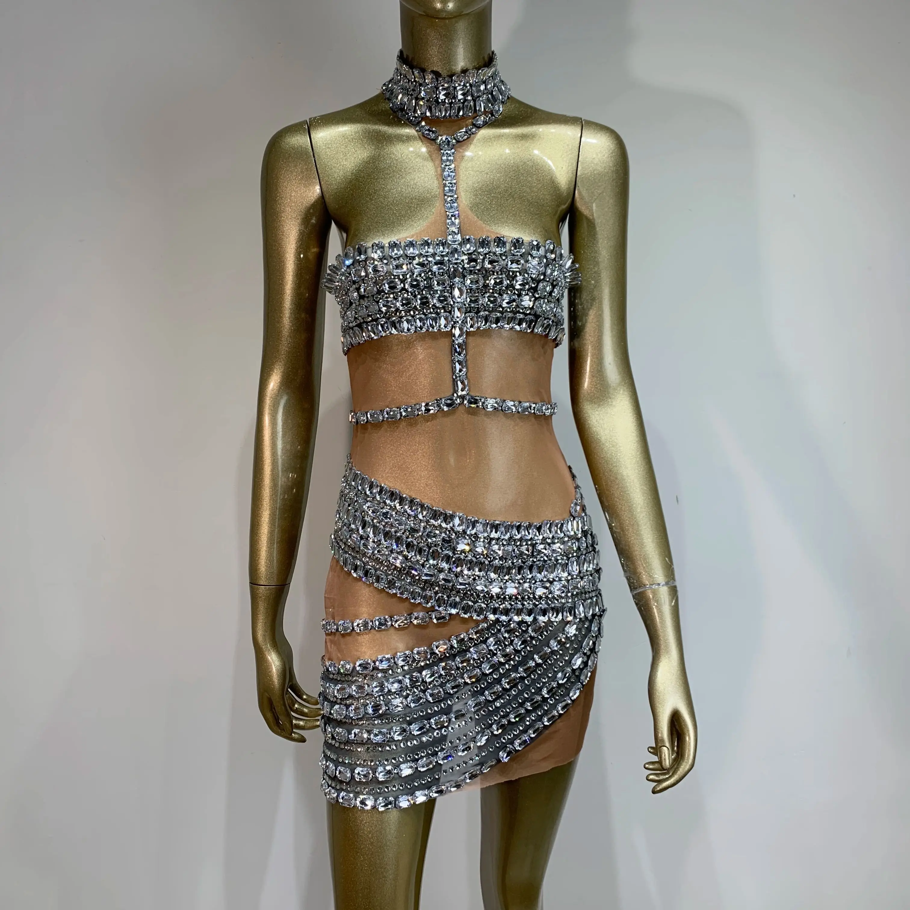 Women Sexy Mesh See Through Shiny Rhinestone Short Dress Singer Stage Performance Costume Nightclub Birthday Party Clothing