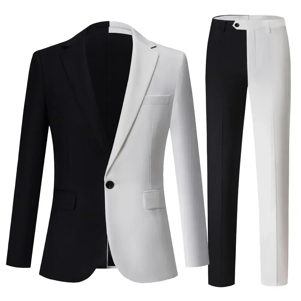 M-5XL Fashion Slim Fit Men's Suit Black and White Color Matching Male Suits 2 Piece Set Dress Party Tuxedo Show Blazer Pants