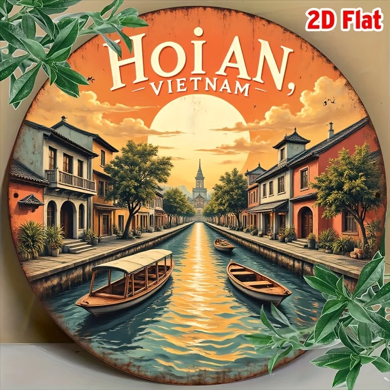 Letrero de Metal Vintage de Hoi An, Vietnam, con Diseño de Barco Fluvial al Atardecer, Placa Decorativa de Metal Resistente para Pared, Recuerdo de Viaje para el Hogar u Oficina