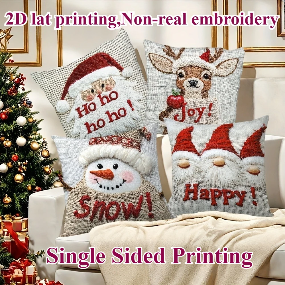 4Pcs Christmas Throw Pillow Covers 17.72x17.72in Santa Snowman Gnome Designs Zippered Washable for Home Sofa Bedroom Decor