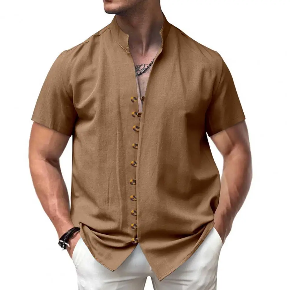 Men Linen Shirt Short Sleeve Button Down Stand Collar Casual Solid Color Lightweight Breathable Beach Shirt for Daily Wear