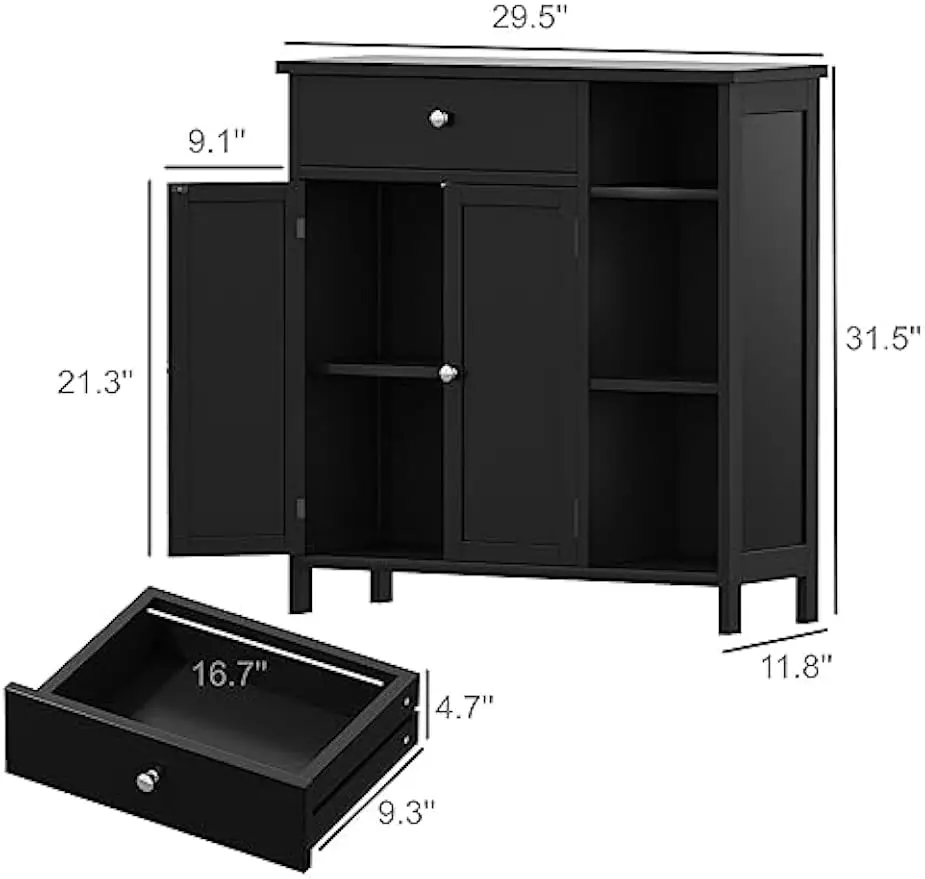 Bathroom Cabinet with Doors, Bathroom Floor Cabinet with Drawer & Adjustable Shelf, Kitchen Cupboard, Storage Cabinet