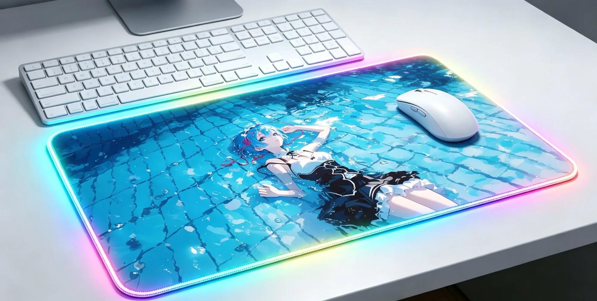 RGB Gaming Mouse Pad with Blue Hair Anime Girl, Extended Non-slip Desk Mat for Office Laptop