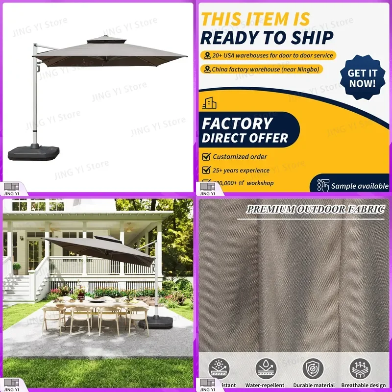 3x3m Square Cantilever Patio Umbrella with Center Pole Outdoor Sun Shade Umbrella for Garden Yard Deck UV Protection Weather
