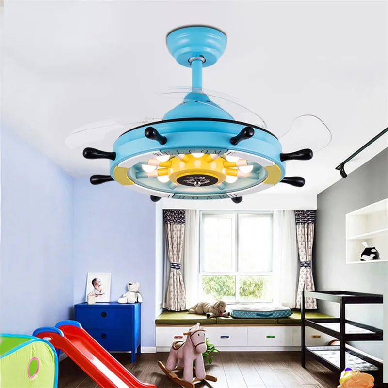 APRIL Modern Child Ceiling Fan Lights With Remote Control 3 Colors LED Blue For Home kid's Room kindergarten Bedroom Restaurant