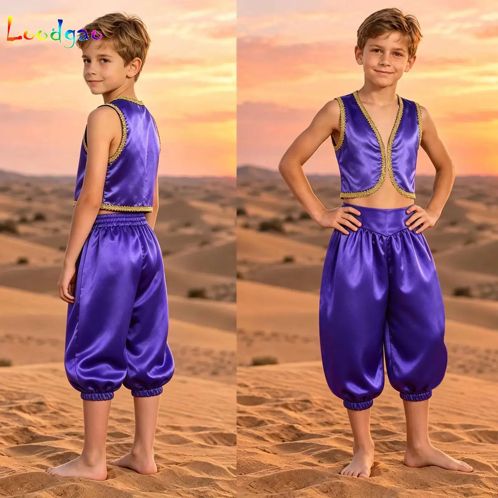 Boys Arabian Prince Suit Carnival Party Costume Oriental Indian King Roleplay Dress Up Outfits Loose Vest And Capri Pants Set