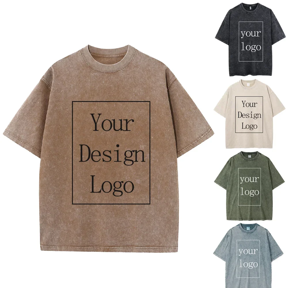 

Custom Your LOGO Tshirts for Men Women 100% Cotton High Quality Hip Hop Streetwear Oversized Washed Tops Tees Summer DIY Gifts