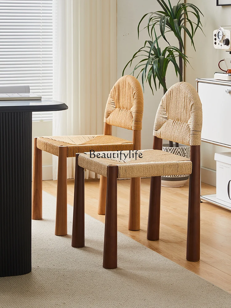 Chaise de Salle à Manger en Bois Massif de Style Nordique, Fauteuil de Loisirs en Corde de Paille, Rétro, Simple, Ata ji