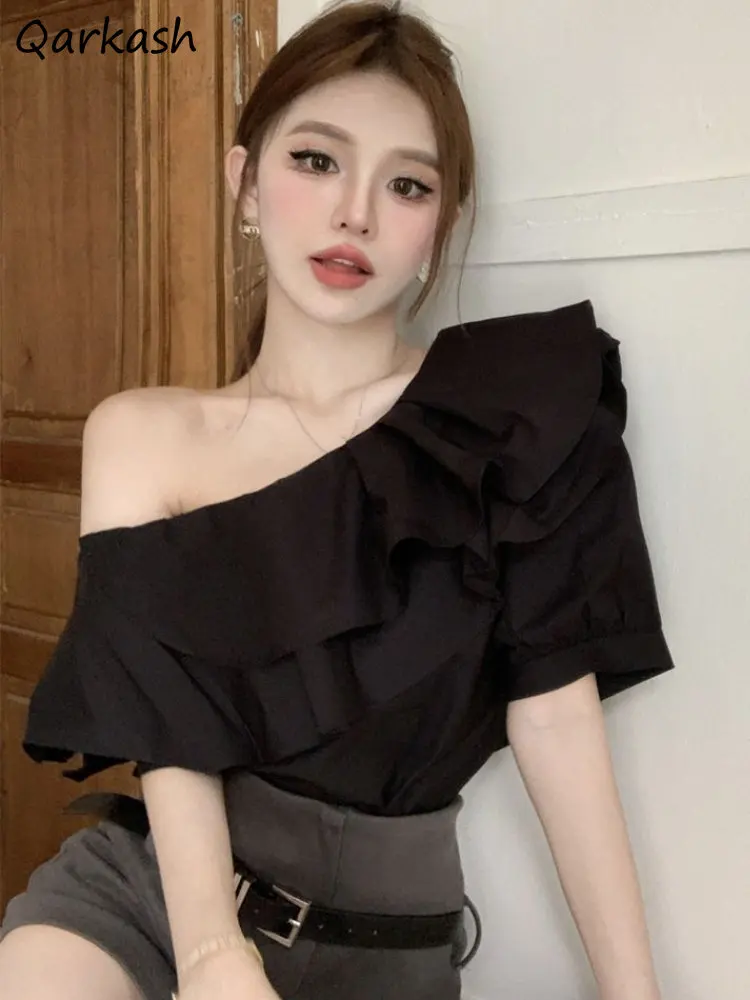 

Blouses Women Temper Ruffles Chic Tops Loose French Style Solid Elegant Skew Collar Clothes Females All-match Harajuku Fashion