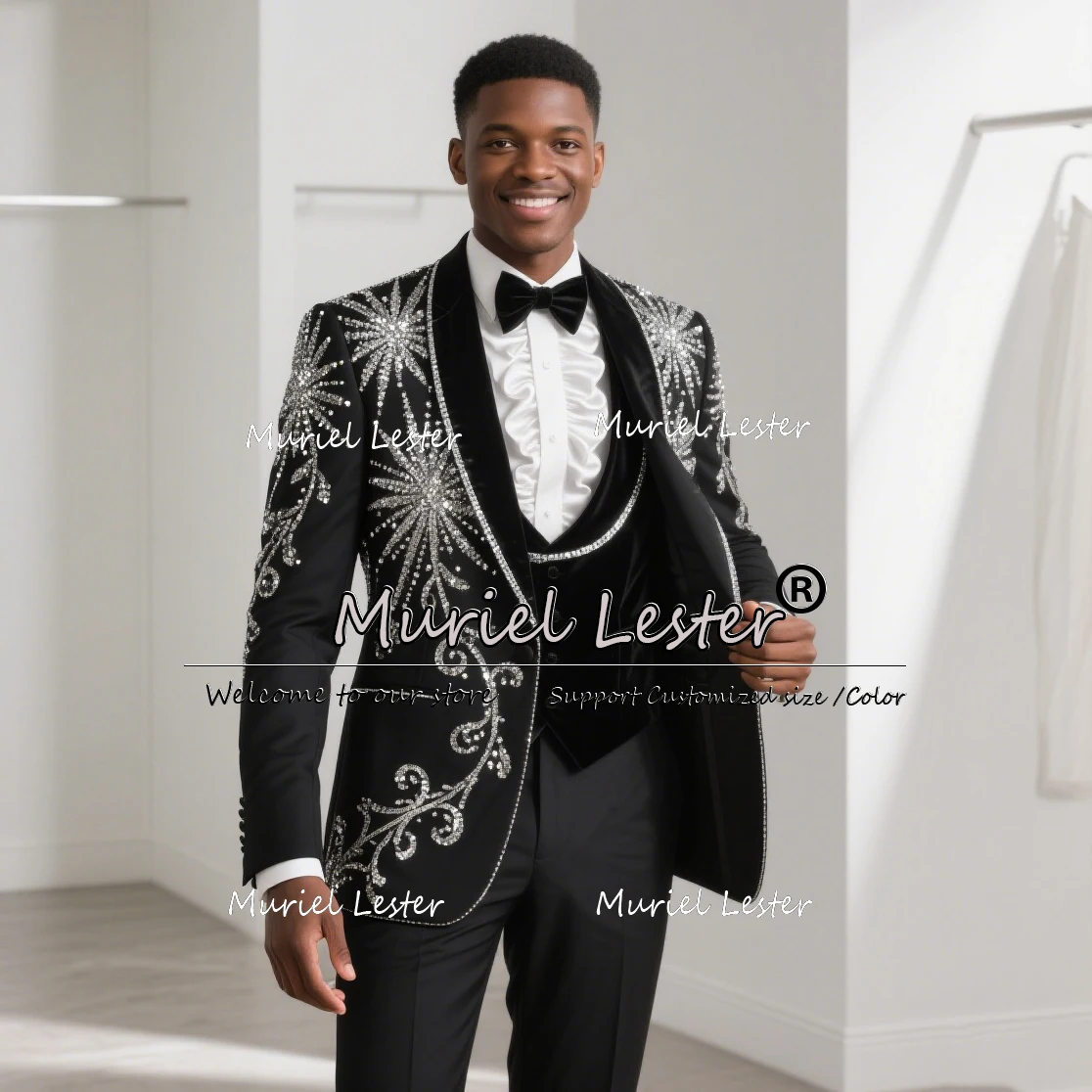 

Sliver Beaded Stones Suits Men 3 Pieces Sets Man Banquet Party Blazer Outfits Customized Groom Wedding Tuxedos Ternos Completo