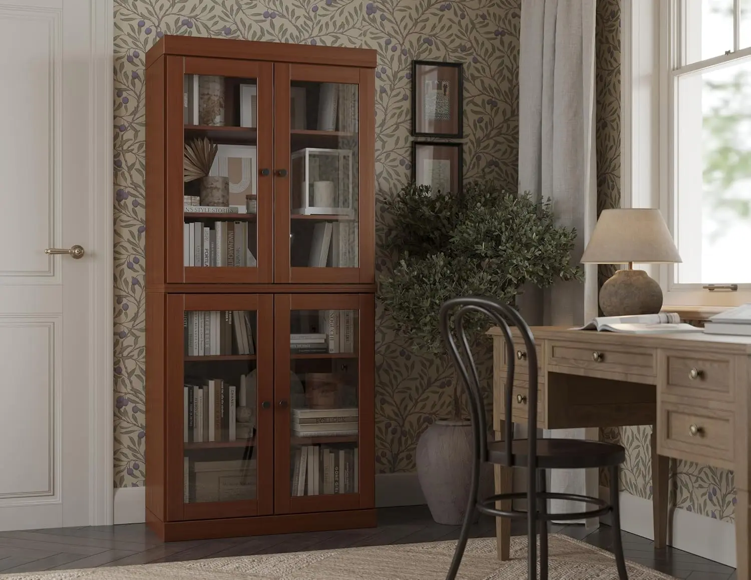 

Solid Wood 6-Shelf Bookcase w/Glass Doors,Renewable Eco-Friendly Wood bookshelf book shelf