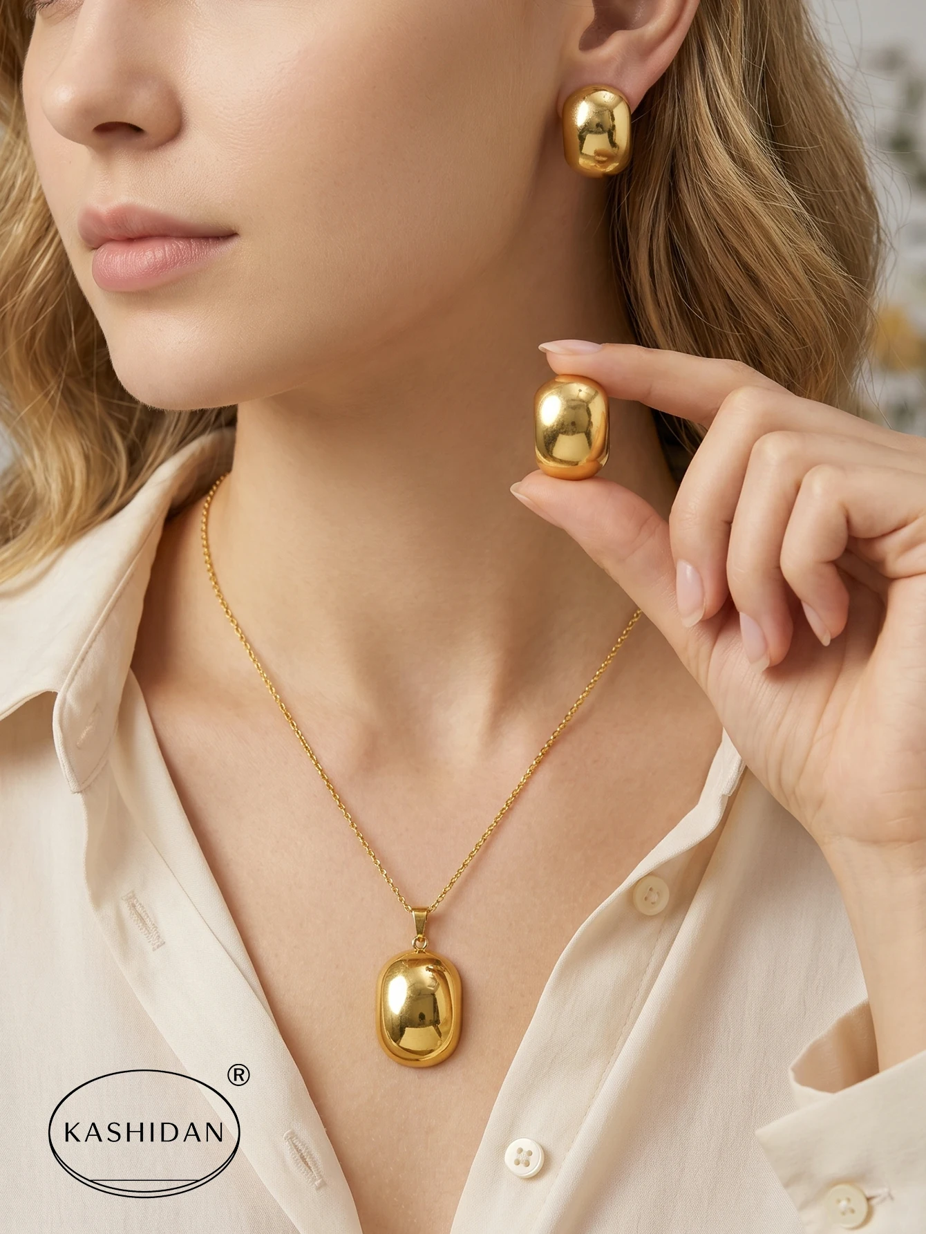 Stainless Steel Gold Plated Vintage Ribbed Heart Palm Leaf Pendant Necklace Stud Earrings Set Geometric Jewelry for Women