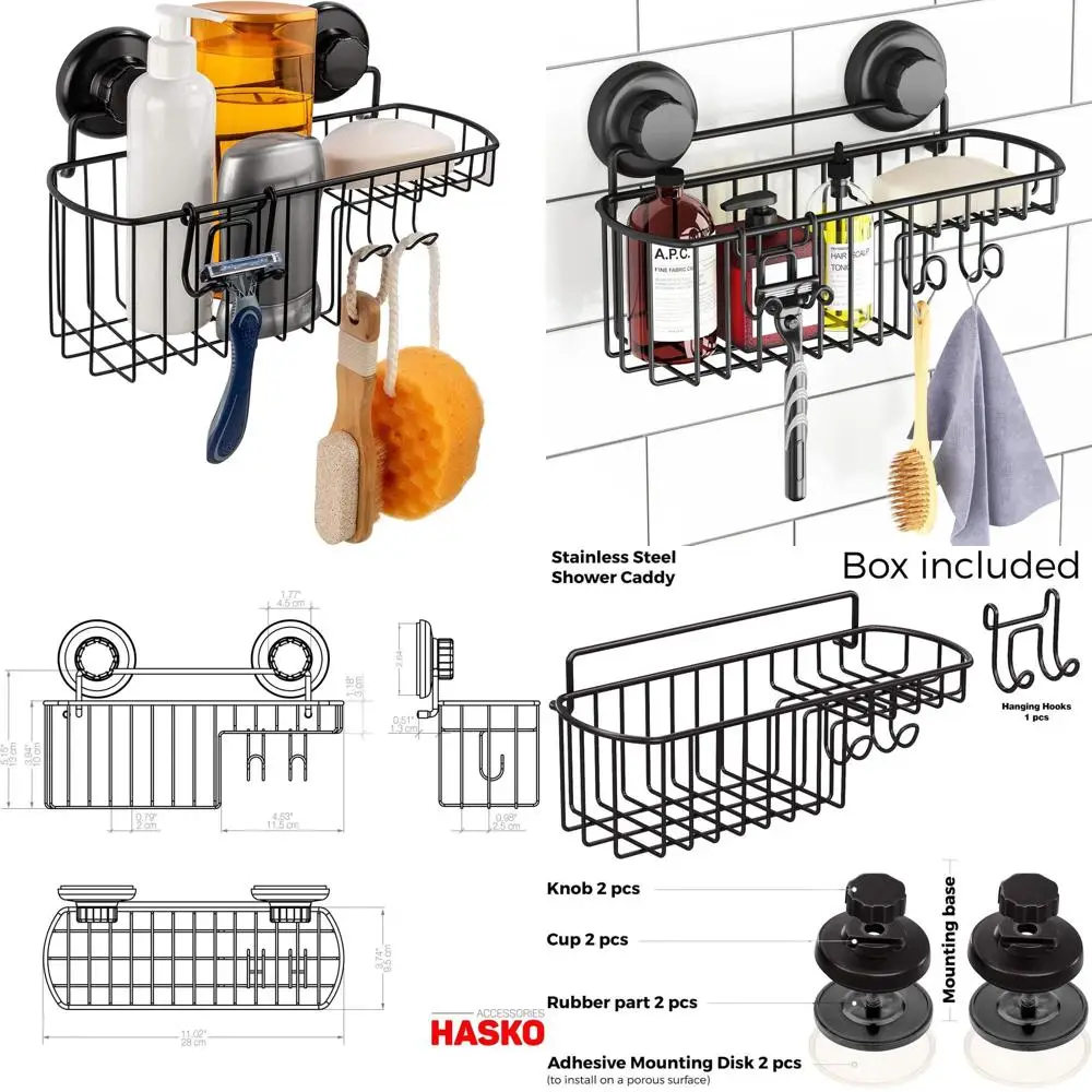 

Органайзер для душа на присоске с полкой, мыльницей, крючками и корзиной - черный