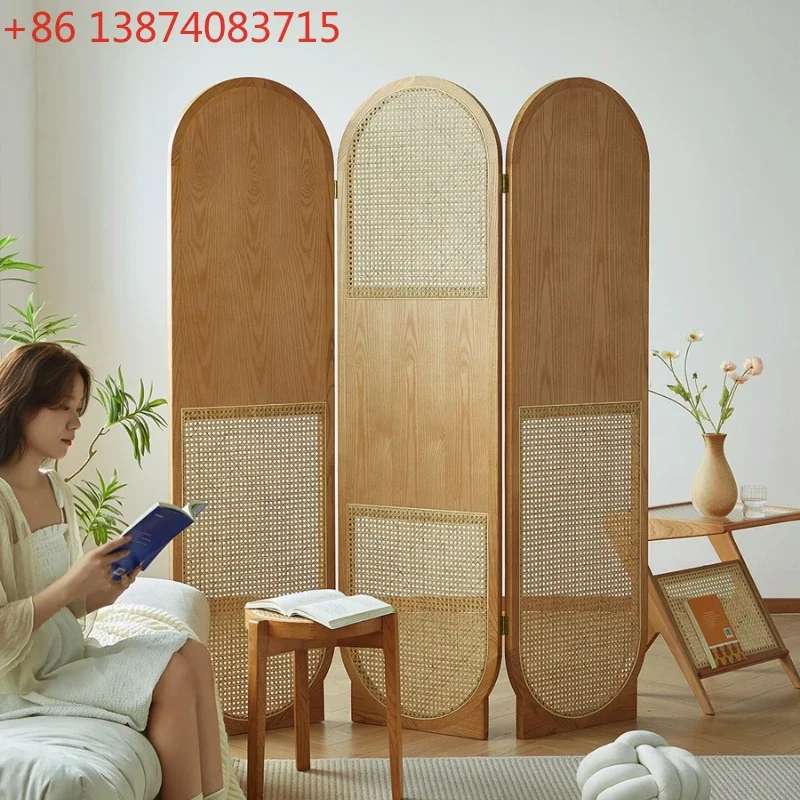 Japanese-Style Folding Screen Partition Solid Wood Rattan Movable Living Room Home Bedroom Cover