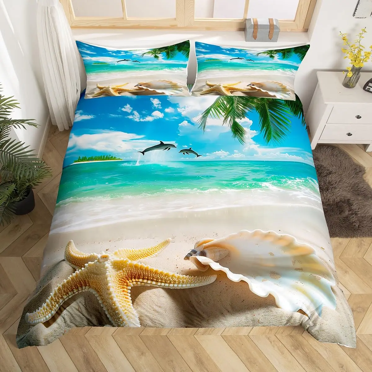 Beach Comforter Cover, Coastal Duvet Covers Queen,Teen Girls Boys Starfish Decor Microfiber Quilt Cover, Beach Themed Bedding
