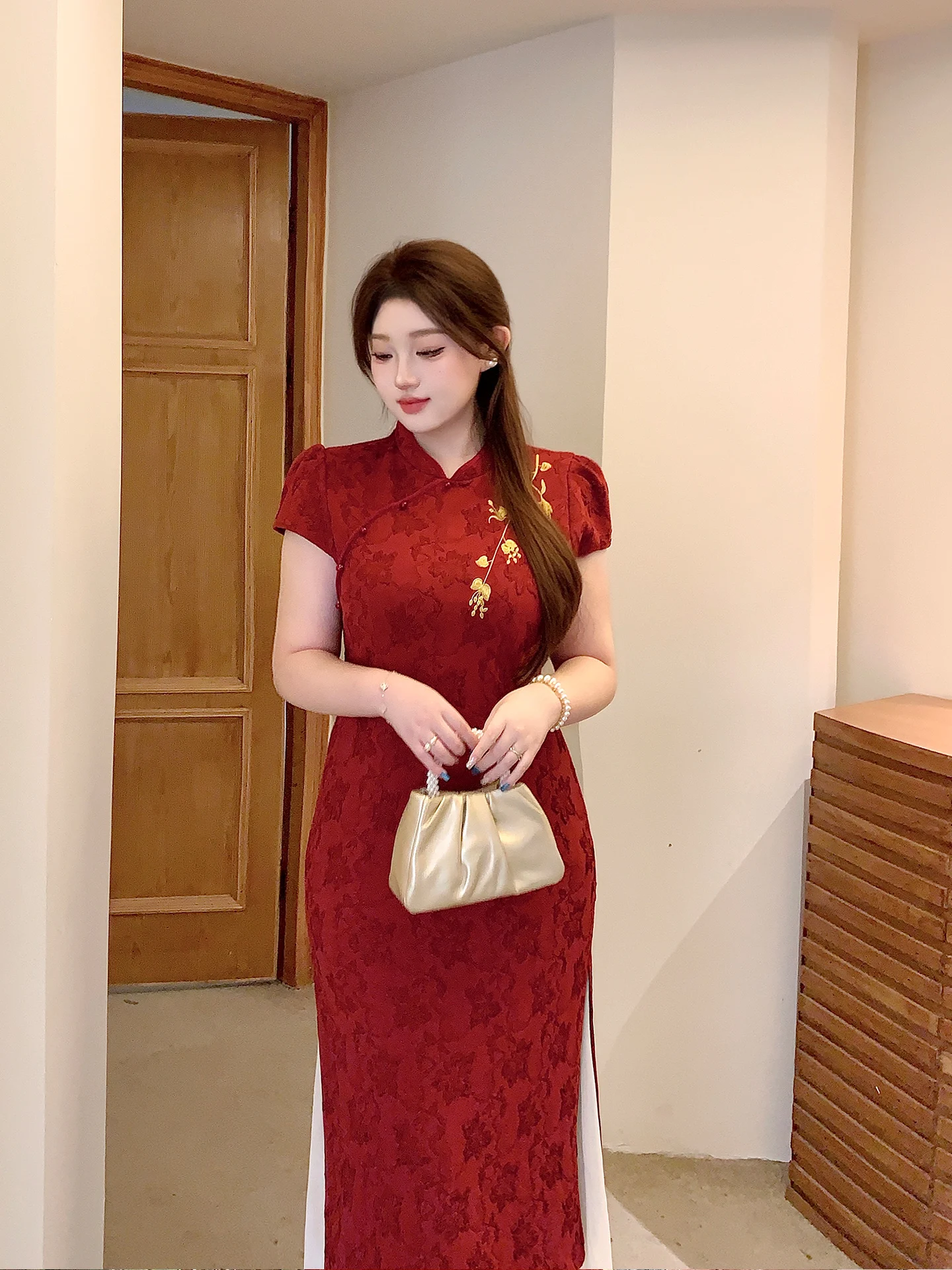 

Красная утягивающая юбка А-силуэта большого размера для женщин, улучшенная модель в новом китайском национальном стиле, с завышенной талией