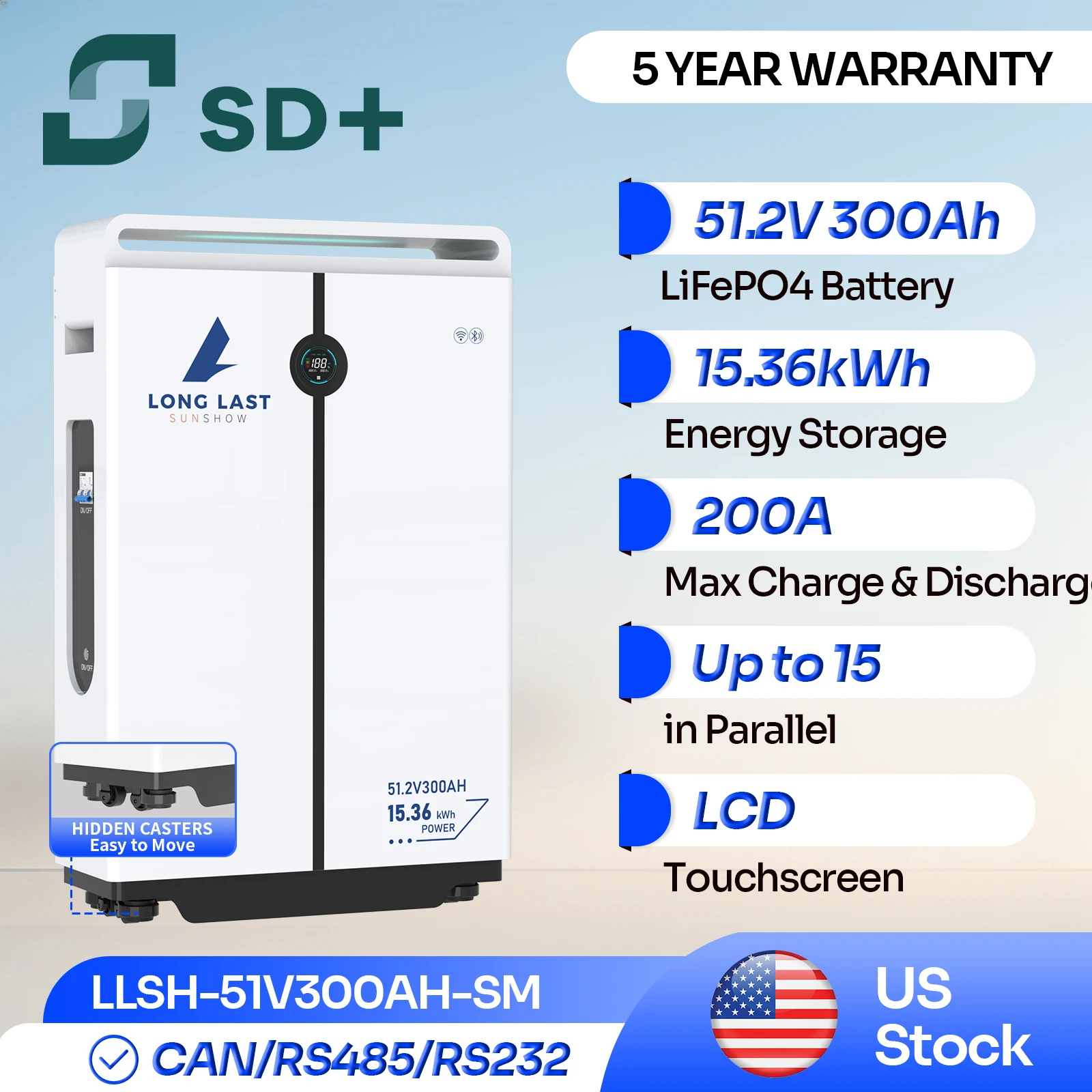 SANDISOLAR 51.2V 300Ah LiFePO4 Battery 15.36kWh Rack Mounted Floor Standing Solar Energy Storage System CAN RS485 6000+ Cycles