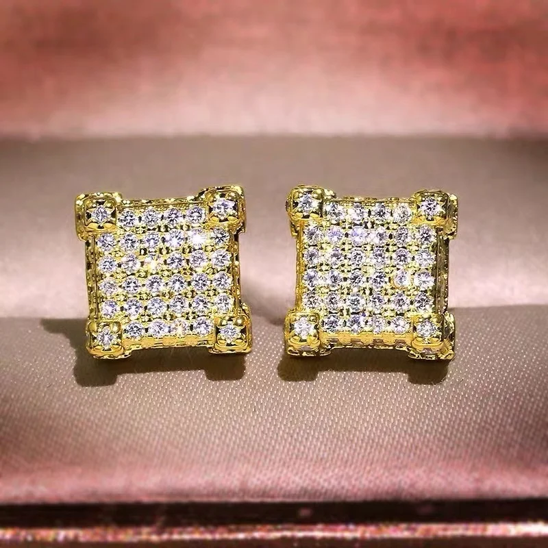 Classic, fashionable, popular hip-hop, full diamond zircon square earrings, men's trendy brand essential earrings for men