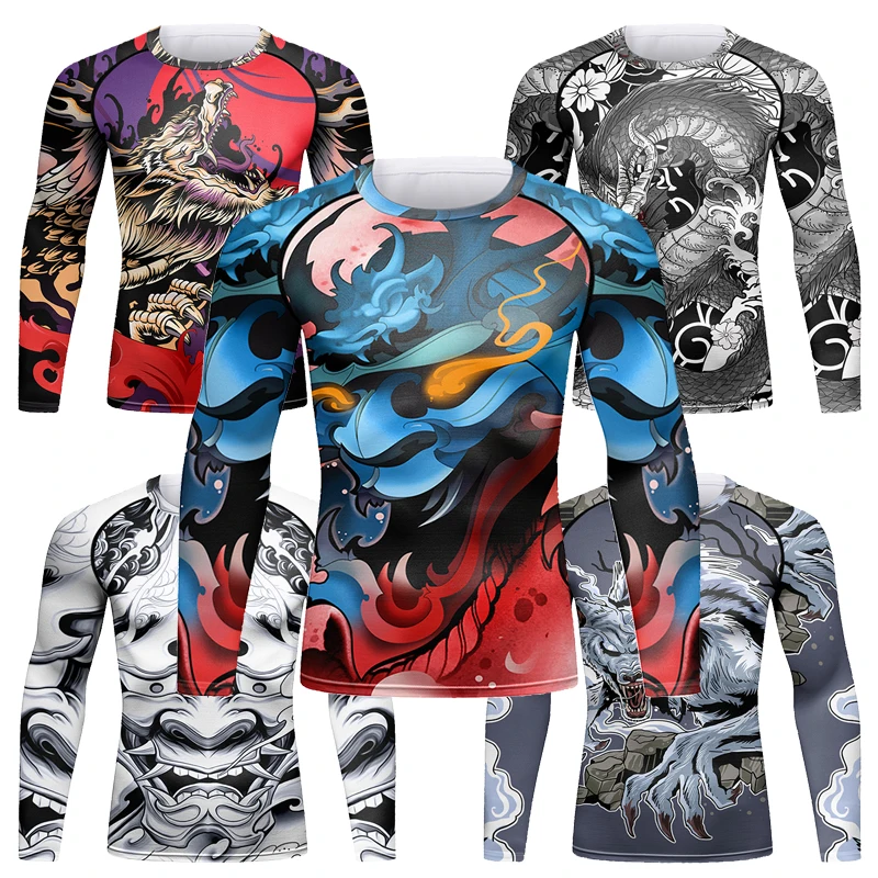 Men Sports Grappling Boxing MMA T-shirt Muay Thai Sublimation BJJ Rash Guard Compression No Gi Jiu Jitsu Rashguard MMA Clothing