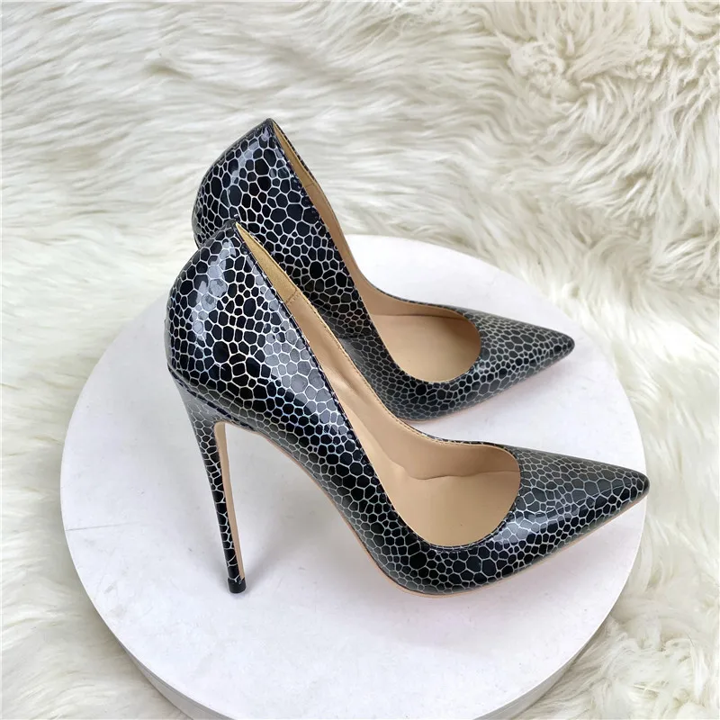 Tikicup Snake Print Women Black Patent Pointy Toe 12cm Thin High Heels Sexy Slip On Stiletto Pumps OL Office Party Dress Shoes