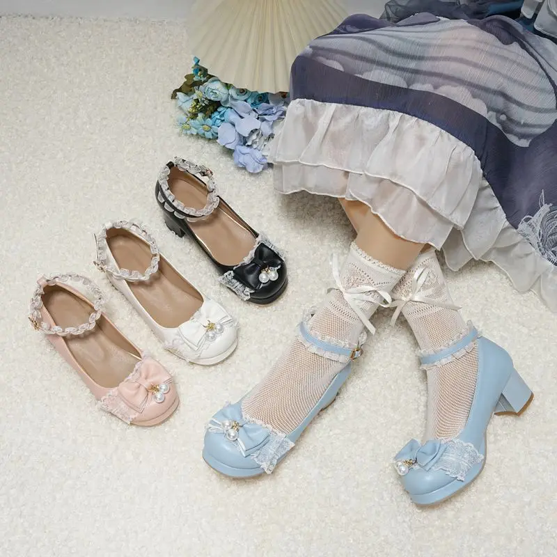 ORCHALISA New Lolita Style Sweet Sale Girls Pumps 28 29 Round Toe Thick Heel Platform Bowknot Buckle Strap Large Size 47 48