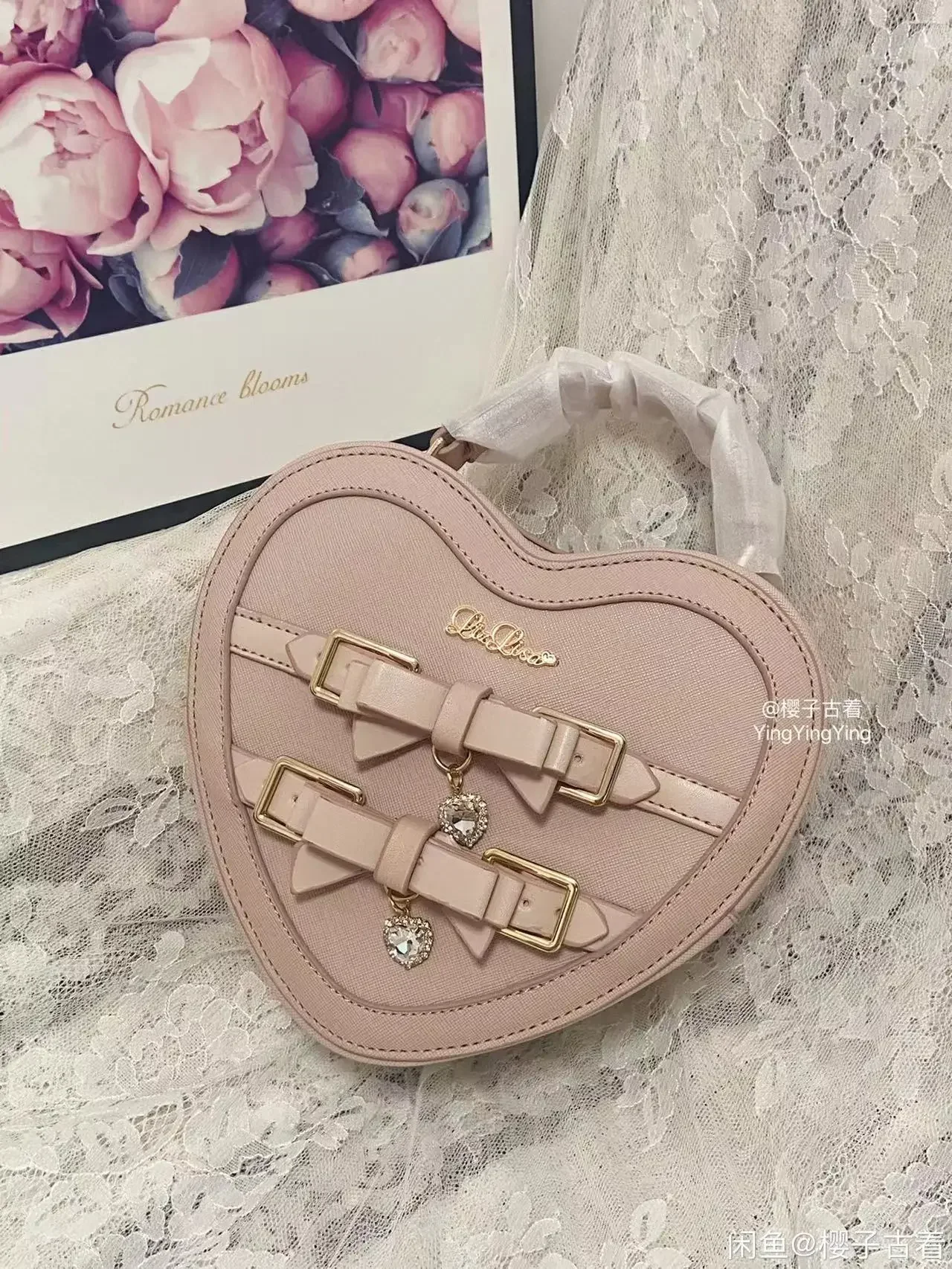 Borsa Liz in stile giapponese Mine Lolita Love Borsa a tracolla con fiocco in strass Borsa a tracolla in PU rosa a forma di cuore dolce da donna