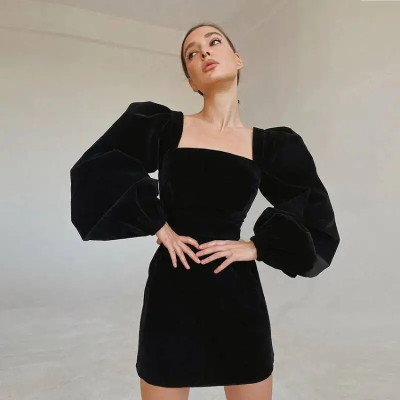 

2026 Autumn New Style Elegant Square Neck Black Puff Long Sleeve Velvet Dress For Women Wrap Hip Fashionable Party