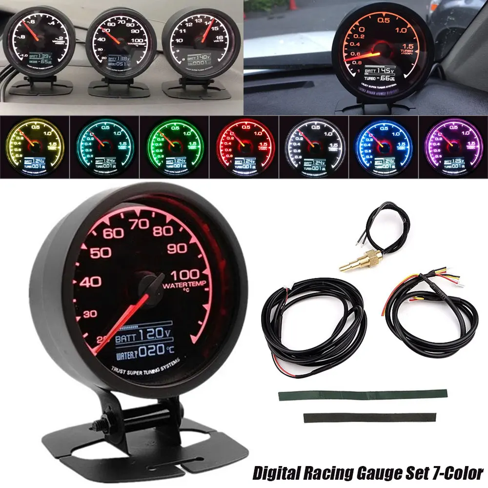 

Digital Racing Gauge Set 7-Color (62mm/2.5") - Turbo Boost/Water Temp/Oil Temp/Pressure/Vacuum/Voltage Multi-Display