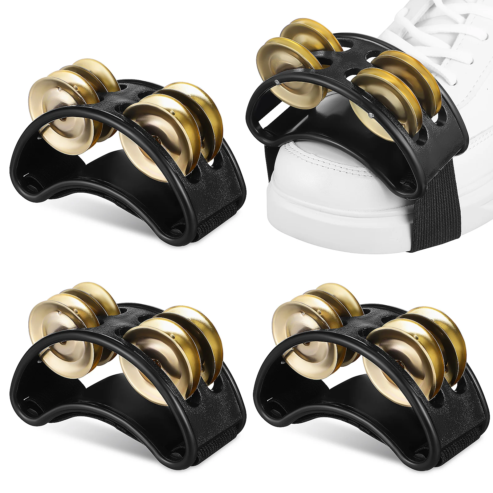 

4 Pcs Double Row Foot Rattle Drum Tambourine Black Gold ABS Metal Comfortable Adult Kid Party Wedding Concert Percussion