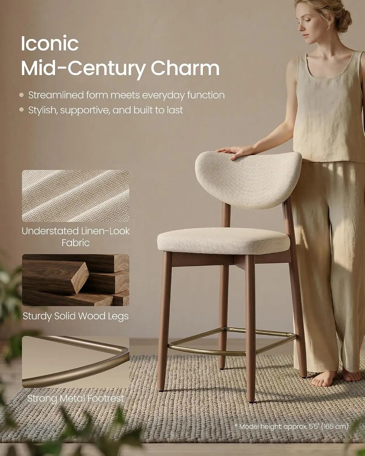 Wooden Bar Stools Set of 2, Linen-Look Fabric Upholstered Seat, Kitchen Counter Height, Cappuccino Beige, Customized