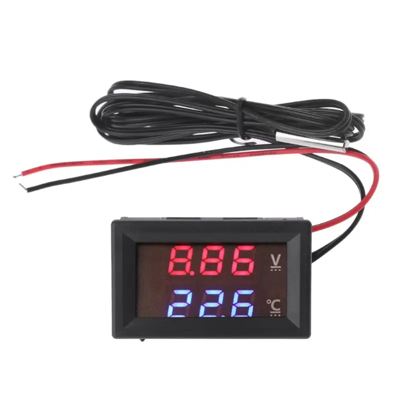 2-in-1 Car Thermometer Voltmeter Square LED Display Digital Voltage Gauge Meter for Most 12-24V for cars SUV Trucks Buse