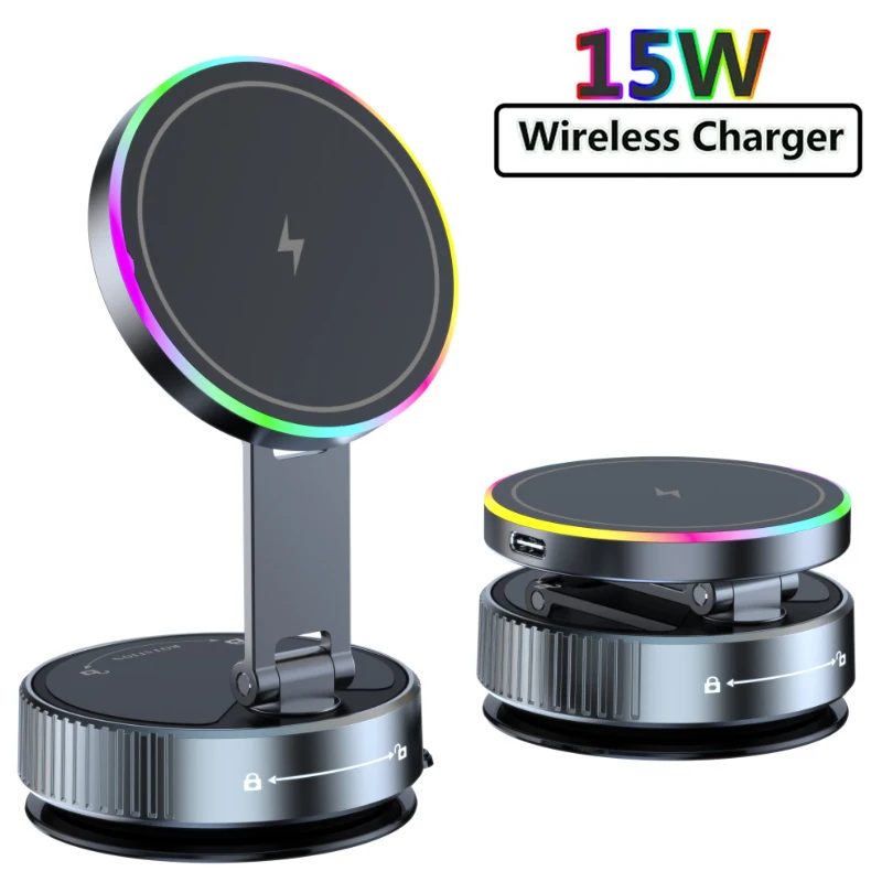 15W Vacuum Suction Magnetic Wireless Charger Car Phone Holder Mount 360 Degree Rotatable Compatible with Smartphones for iPhone
