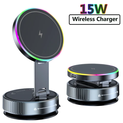 Imagen 2 del producto Cargador inalámbrico magnético con succión al vacío de 15W, soporte para teléfono de coche, giratorio de 360 grados, Compatible con teléfonos inteligentes y iPhone