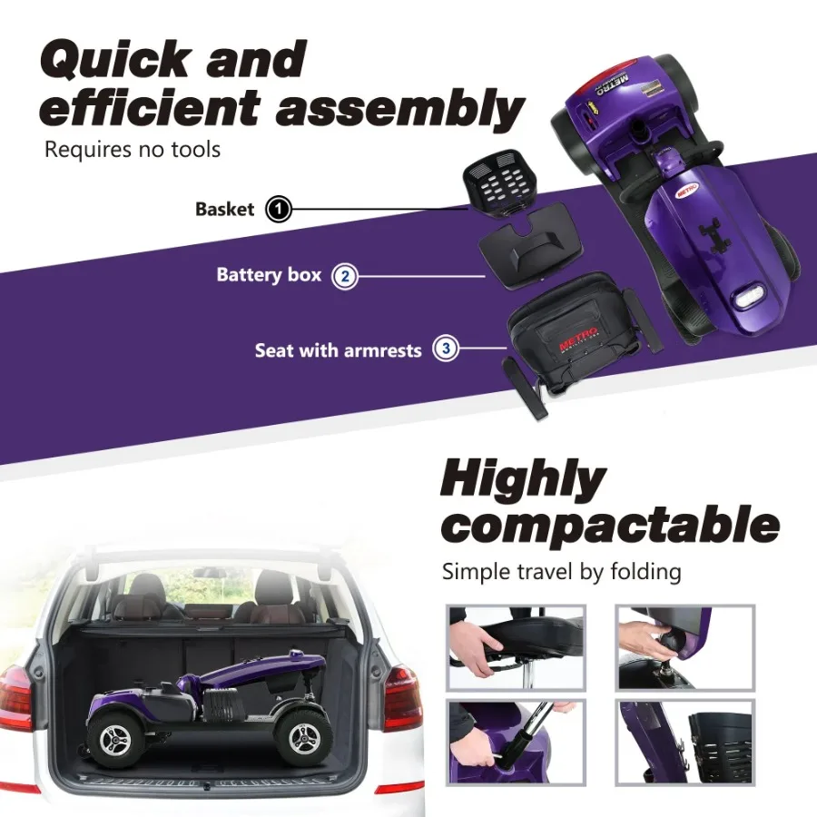 

MAX PLUS DARK PURPLE 4 Wheels Outdoor Compact Mobility Scooter with 2pcs*20AH Lead acid Battery 16 Miles Cup Holders and USB ch