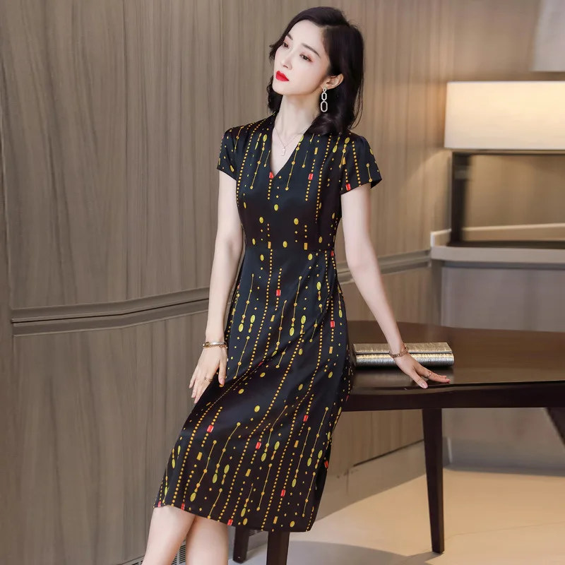 Women summer thin silk dress 2024 new high-end luxury silk printed temperatre lady skirt