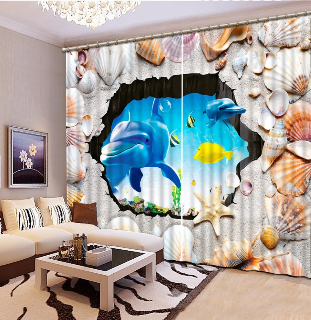 Home Bedroom Decoration Fashion Customized 3D Curtain Shells, Dolphins Curtains For Bedroom Blackout Shade Window Curtains