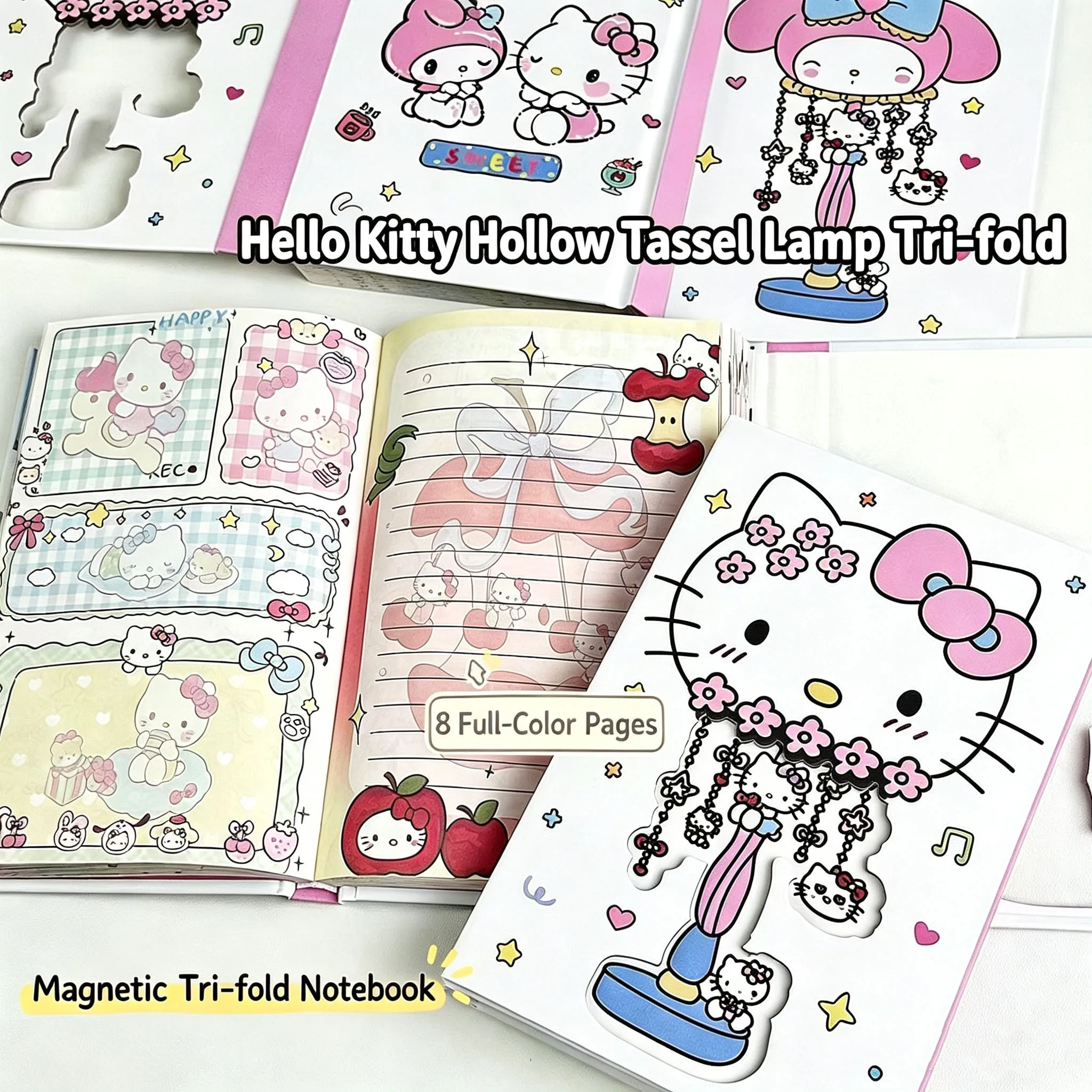 Sanrio Hello Kitty Magnetic Hardcover Notebook with Cutout Tassel Lamp Design, Full-Color Inner Pages, Cute Diary