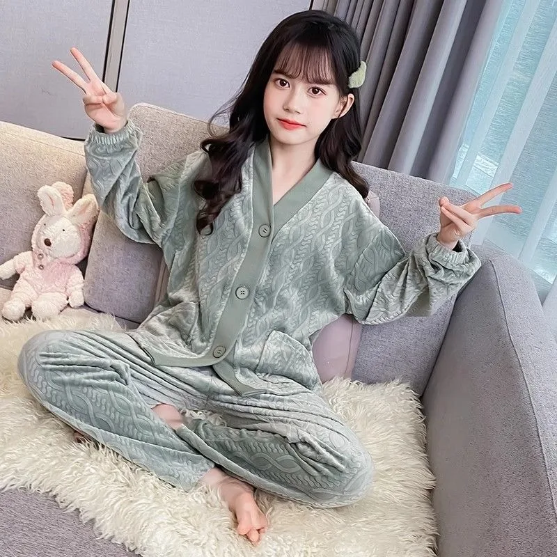 

Girls' Island Velvet Pajamas 2 Piece Set 2025 Autumn Winter Warmth Outwear for Medium Large Kids Home Wear
