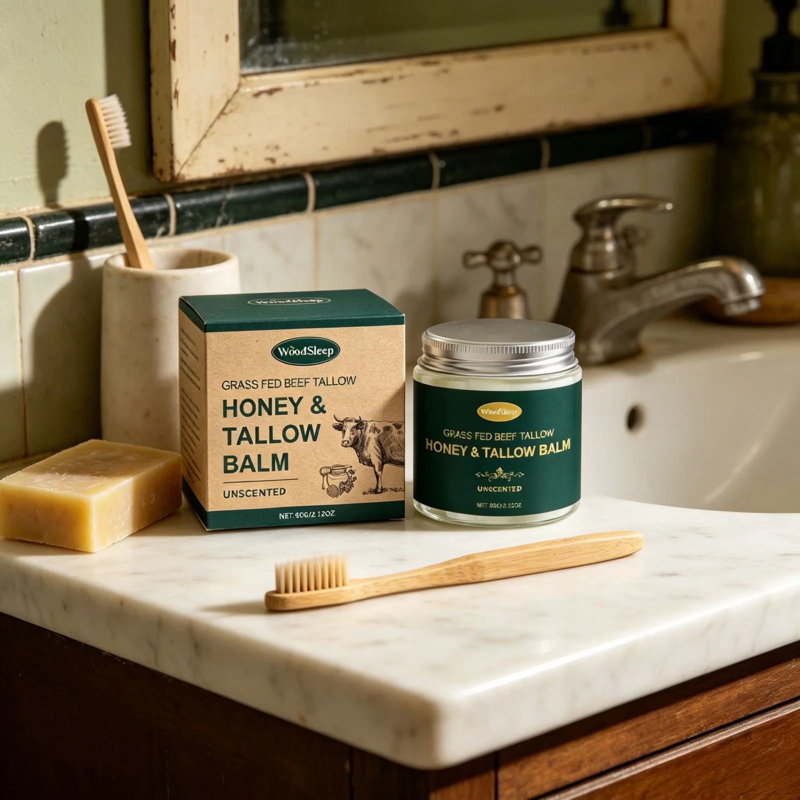 Woodsleep Organic Grass Fed Beef Tallow Balm Unscented Facial Rejuvenation Cream Deep Hydration Lifting Face Care Honey Extract