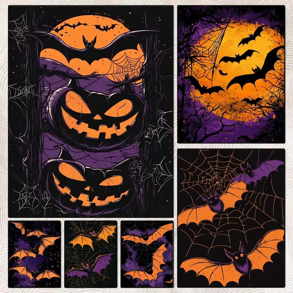 Halloween Bat and Jack O lantern Painting Calligraphy Stylish Wall Art Poster, Bedroom Living Room Home Decor Gift