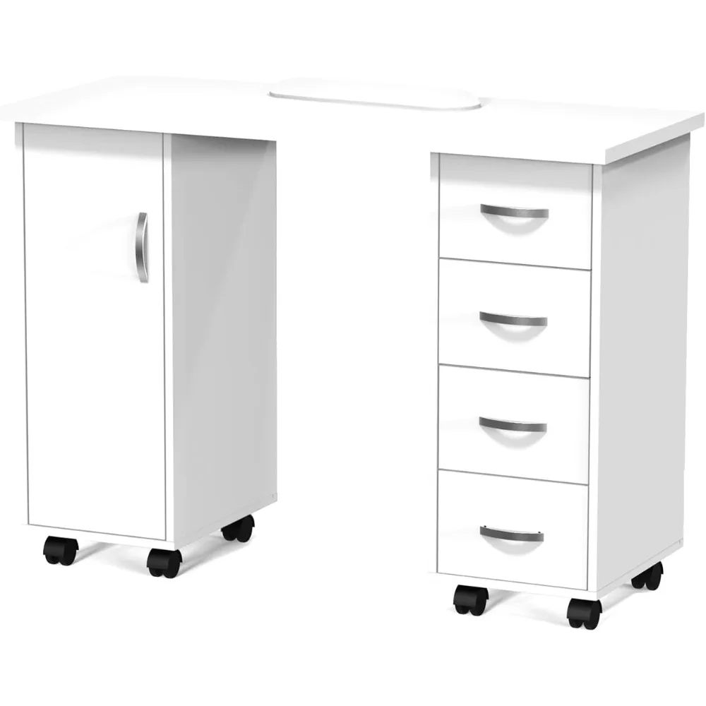 طاولة مانيكير، مكتب أظافر مع خزانة، أدراج، مسند للعجلات والذراع، محطة عمل فني خشبية لصالونات السبا والمنزل