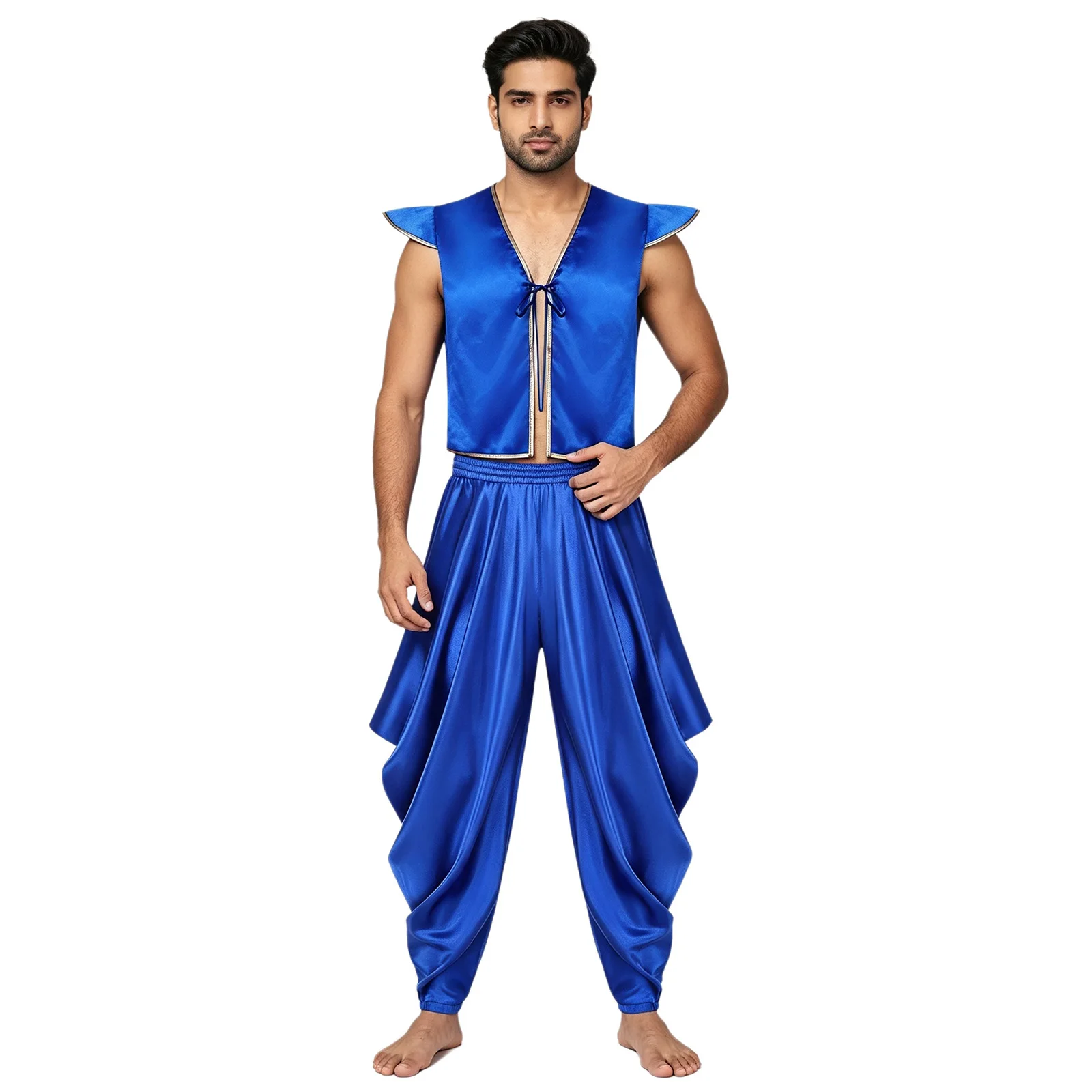 Men Arabian Prince Cosplay Vest Fly Sleeve Open Front Tying Metallic Shiny Trim Satin Tank Top for Halloween Carnival Role Play