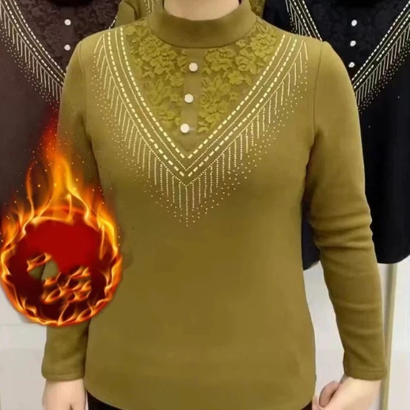 

Elegant Women Blouse With Lace And Beading Details High Neck Long Sleeve Slim Fit Autumn Winter Wear