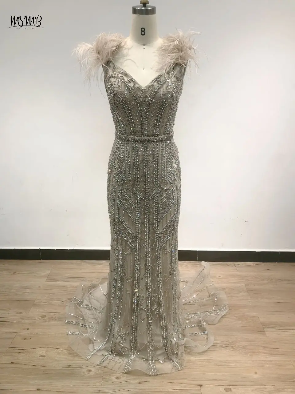 MYMB Sexy V Neck Sleeveless Caramel Evening Dress for Wedding Party Gorgerous Beaded Feathers Mermaid Dubai Formal Gown DSL62321