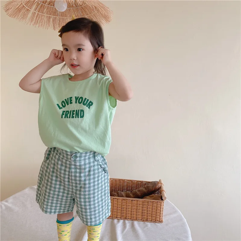 Summer 2026  Arrival Korean Style Girls' Linen Cotton Plaid Bermuda Shorts, Kids Mid-Length Casual Shorts