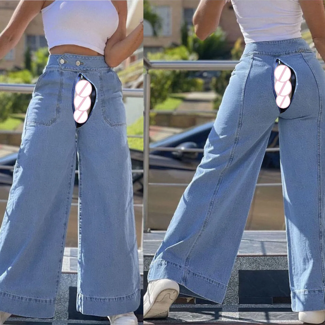 

Invisible Open Crotch Outdoor Sex Oversized High Waist Jeans for Women 2024 Large Size Fat MM High Street Tooling Wide Leg Pants